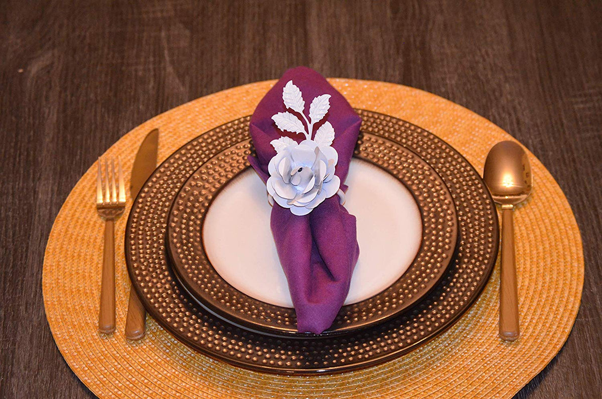 Vibhsa White Rose Napkin Ring handcrafted decor with pale blue flower on purple napkin on Tampa Home & Garden Store