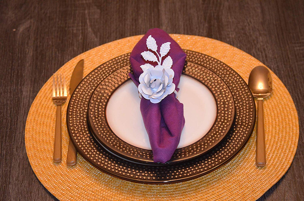 Vibhsa white rose napkin rings set of 8, handcrafted dining decor with purple napkin and white rose accents on Tampa Home & Garden Store