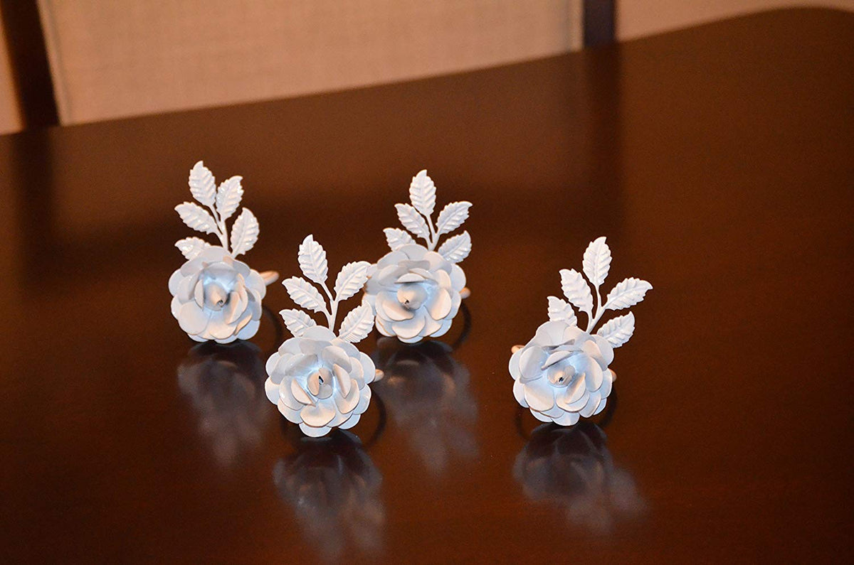 Vibhsa White Rose Napkin Ring set of 8 handcrafted with white blooms and leaves on Tampa Home & Garden Store