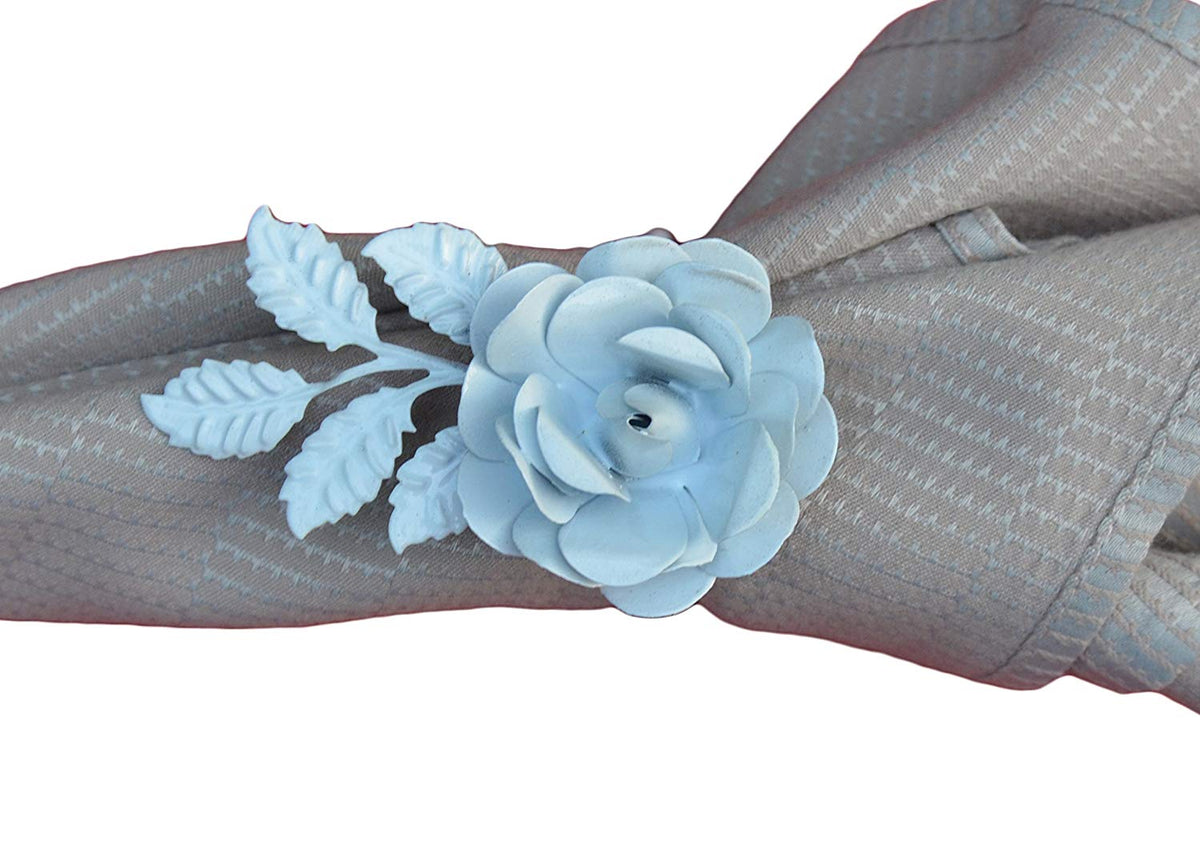 Vibhsa light blue rose napkin ring, handcrafted with leafy accents on Tampa Home & Garden Store