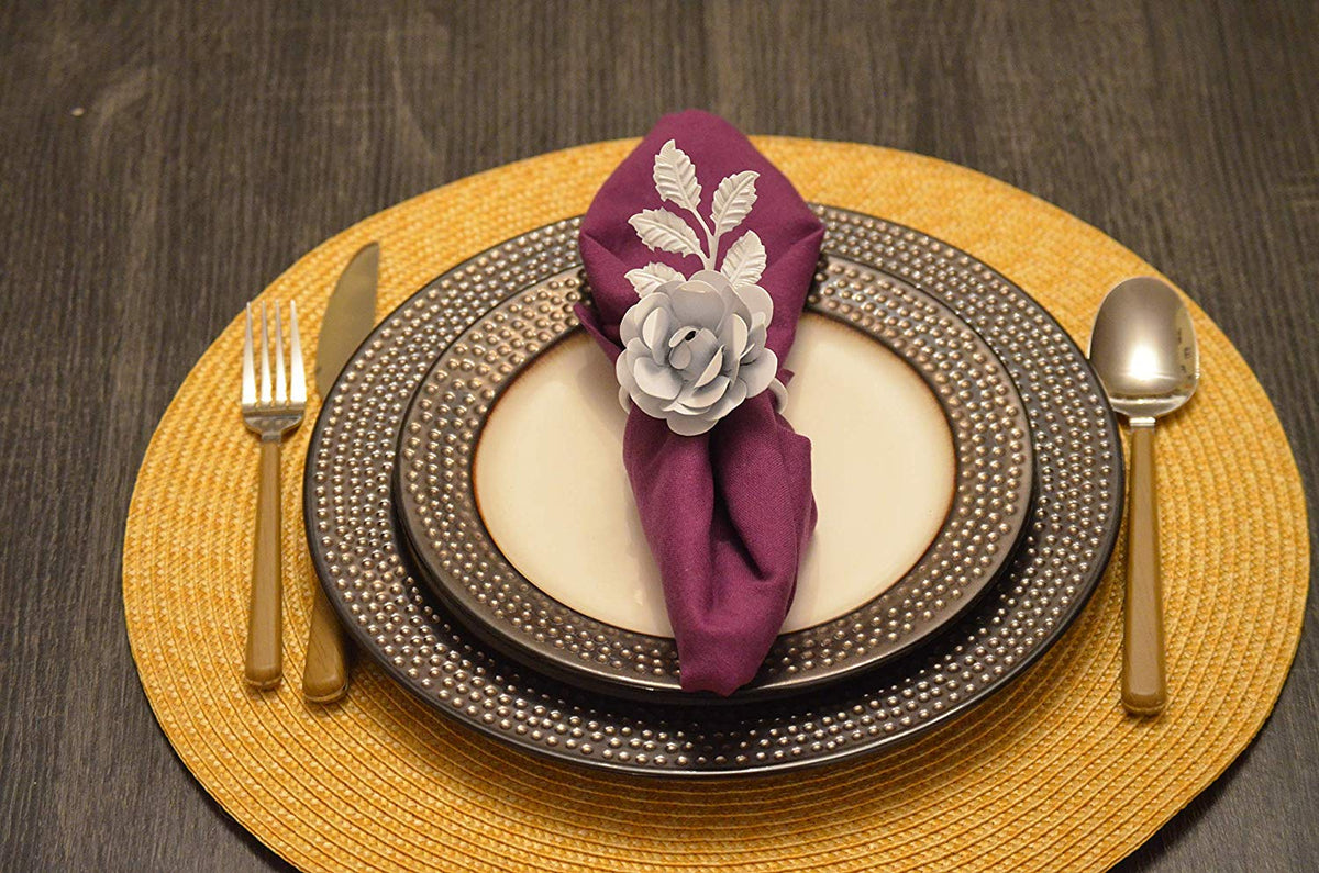 Vibhsa White Rose Napkin Rings set of 8 with purple napkin and white rose accent on plate on Tampa Home & Garden Store