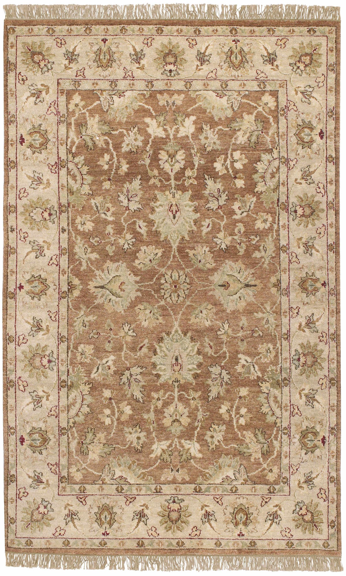 Boutique Rugs Napolville Premium Wool Area Rug warm brown center with ivory border beige fringe on Tampa Home & Garden Store