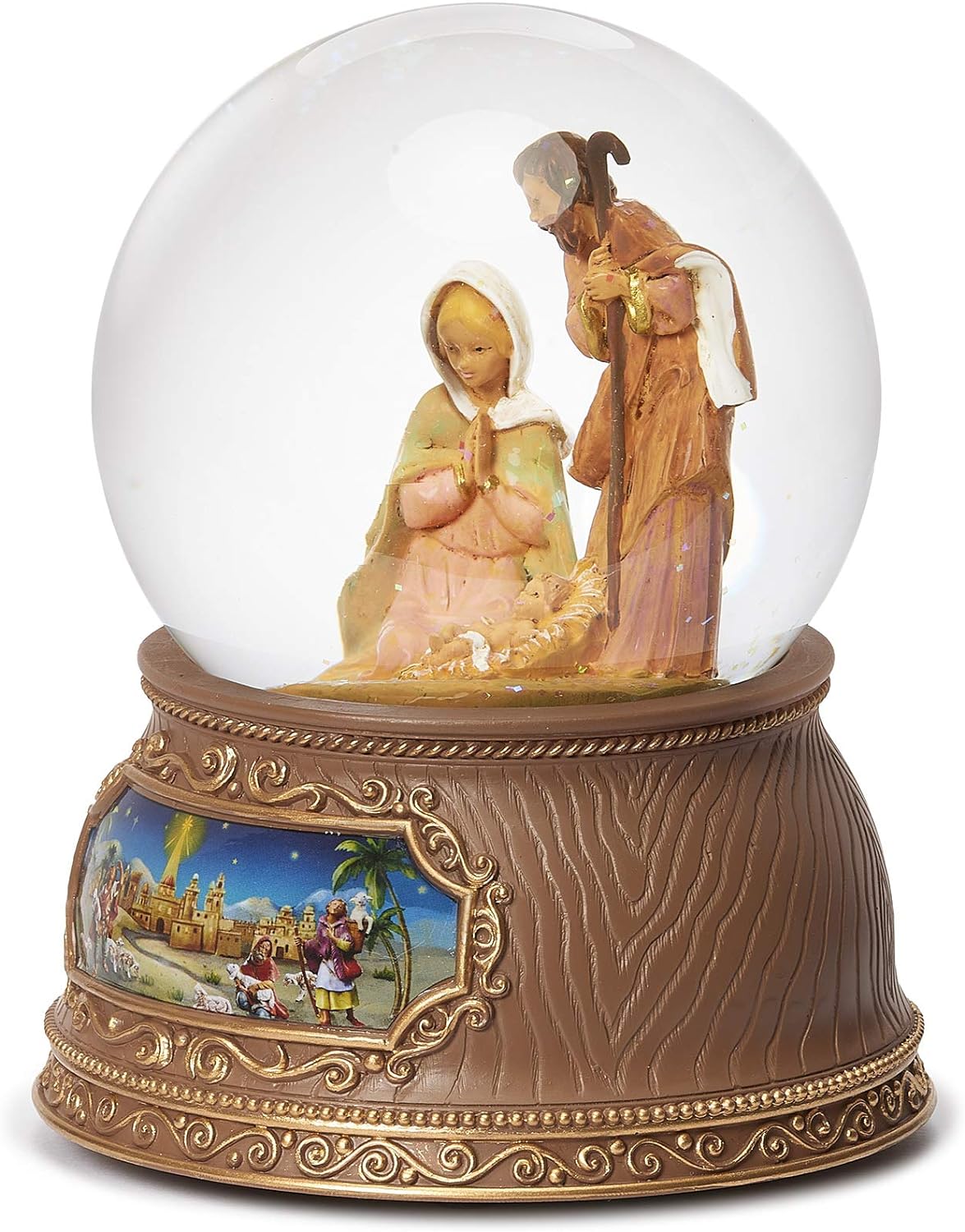Crèche musicale à paillettes avec scène de la Nativité - 14 cm