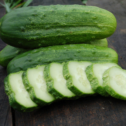 National Pickling Cucumber seeds, green cucumbers with sliced cross-sections on Tampa Home & Garden Store