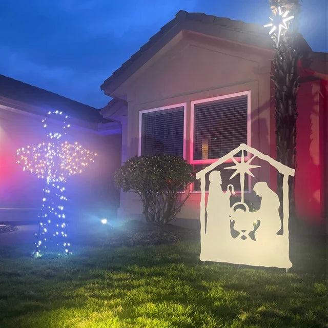 Nativity Scene Outdoor white metal silhouette with stable frame and star Rustica Ornamentals on Tampa Home & Garden Store