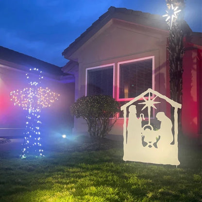 Nativity Scene Outdoor white metal silhouette with stable frame and star Rustica Ornamentals on Tampa Home & Garden Store