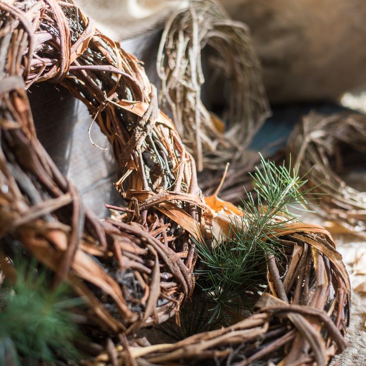 Fall Natural Rattan and Willow Wreath Christmas with green pine sprigs, brown woven twigs on Tampa Home & Garden Store