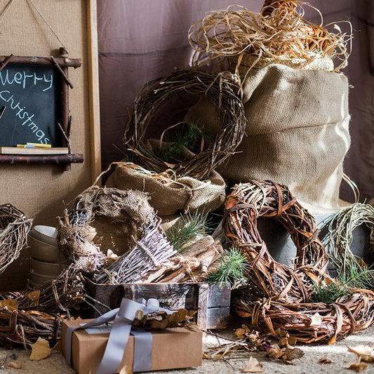 Fall natural rattan and willow wreaths by RusticReach with burlap accents and greenery on Tampa Home & Garden Store