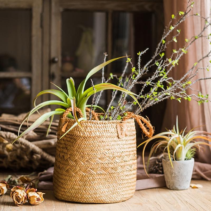Natural Straw Basket Bag with Rope Handles Set of 2 RusticReach woven baskets with greenery on Tampa Home & Garden Store