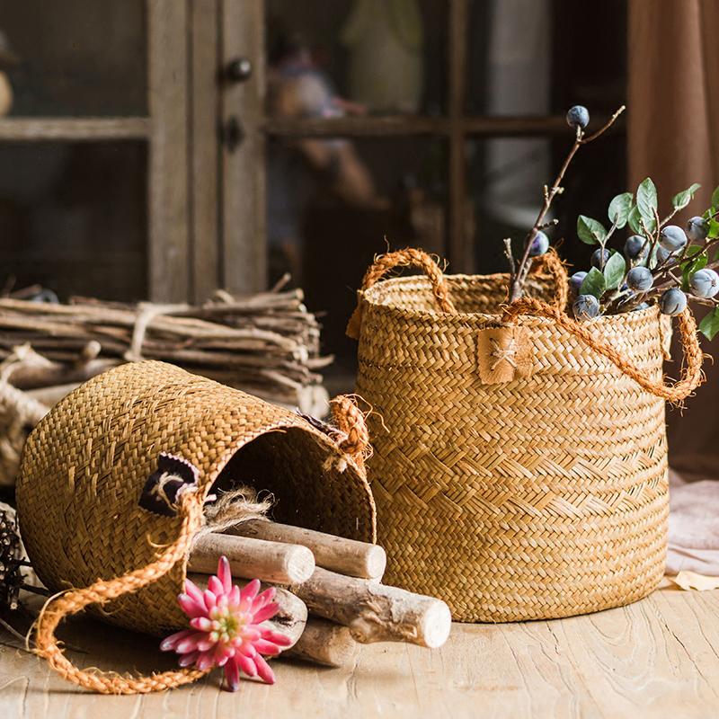 Natural straw basket bag set with rope handles, 2 woven baskets RusticReach on Tampa Home & Garden Store