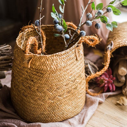 Natural straw basket bag with rope handles set of 2 by RusticReach for woven decor storage on Tampa Home & Garden Store
