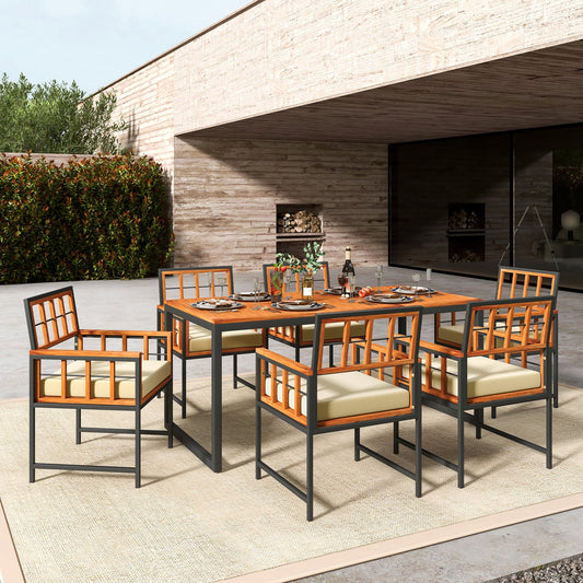 7 Pieces Patio Acacia Wood Dining Set with Soft Cushions and Umbrella Hole-Natural - Tampa Home & Garden Store