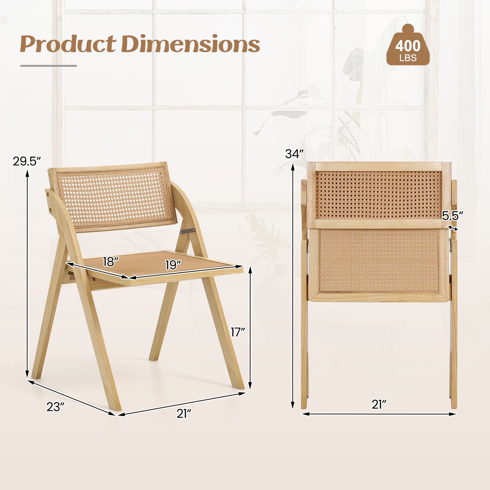 Foldable dining chairs set of 2 with woven rattan backrests and natural wood frames on Tampa Home & Garden Store