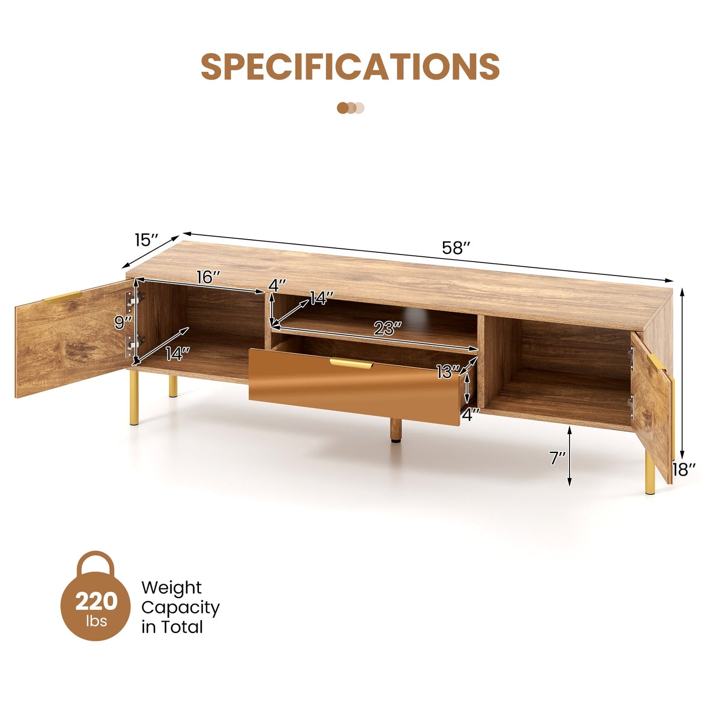 Mueble de TV con espejo para televisores de hasta 65 pulgadas con amplia superficie y 2 armarios de almacenamiento - Natural