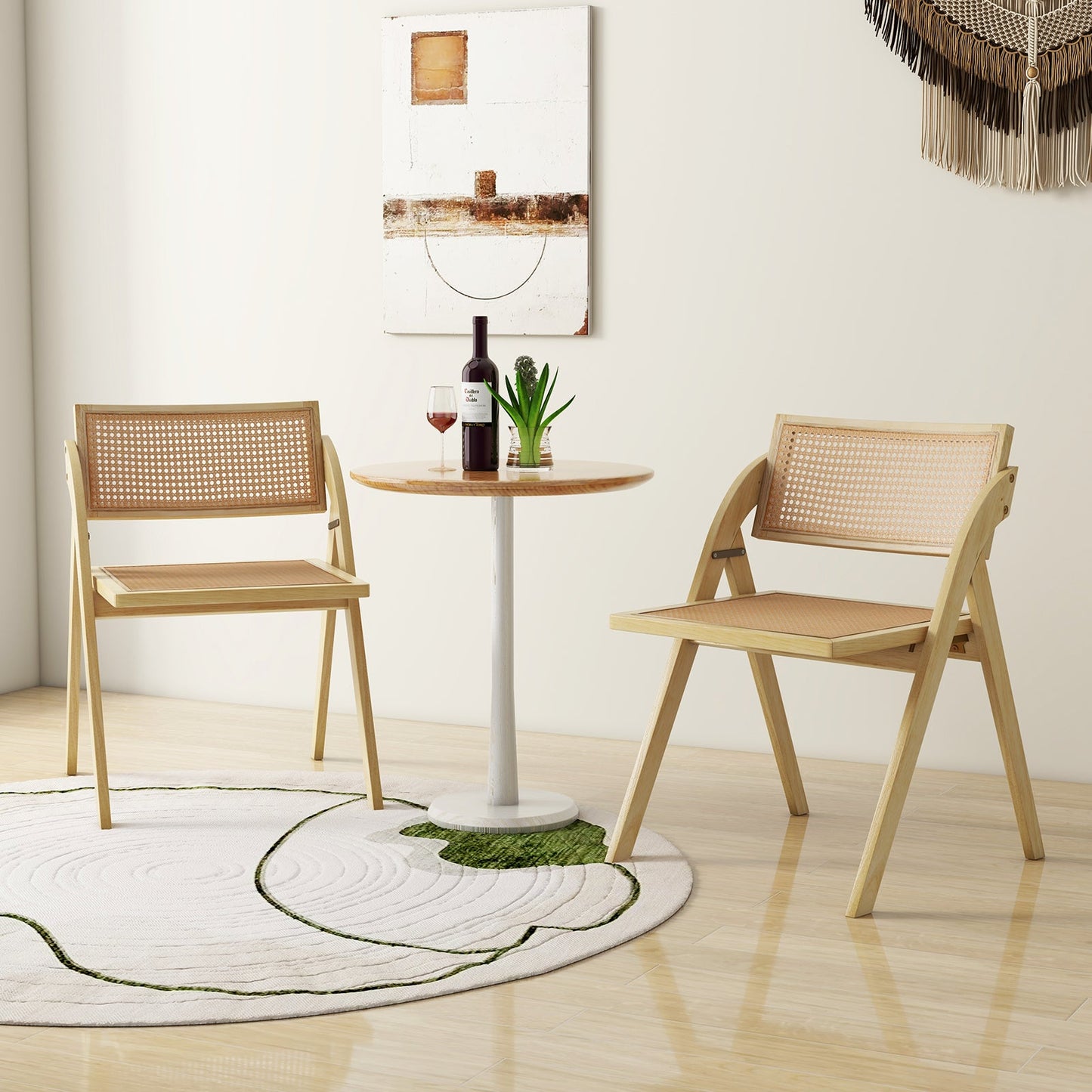 Foldable dining chairs set of 2 in natural wood with woven rattan backs on Tampa Home & Garden Store