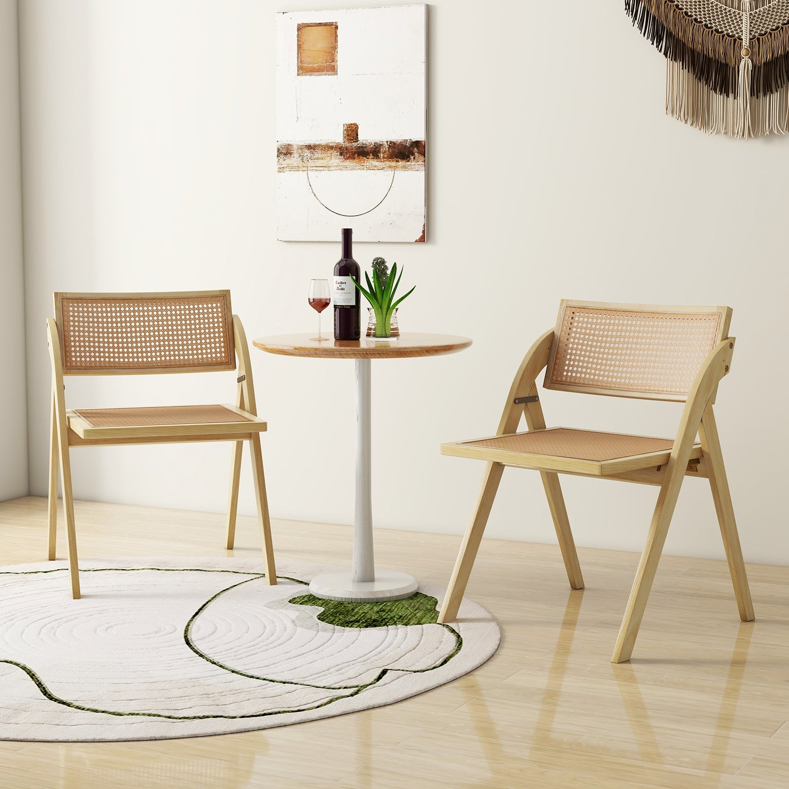 Foldable dining chairs set of 2 in natural wood with woven rattan backs on Tampa Home & Garden Store