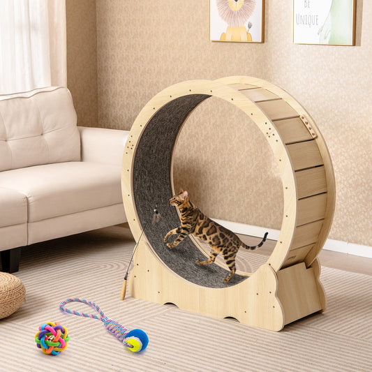 40 Inch Large Cat Exercise Wheel with Lockable Mechanism and Carpeted Runaway for Indoor Cats-Natural - Tampa Home & Garden Store