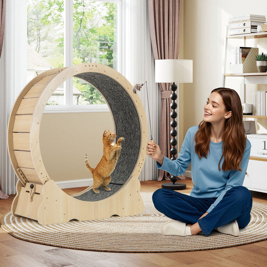 40 Inch Large Cat Exercise Wheel with Lockable Mechanism and Carpeted Runaway for Indoor Cats-Natural - Tampa Home & Garden Store