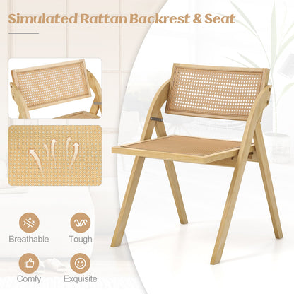 Foldable dining chairs set of 2 with woven rattan backrest and seat in natural wood finish on Tampa Home & Garden Store