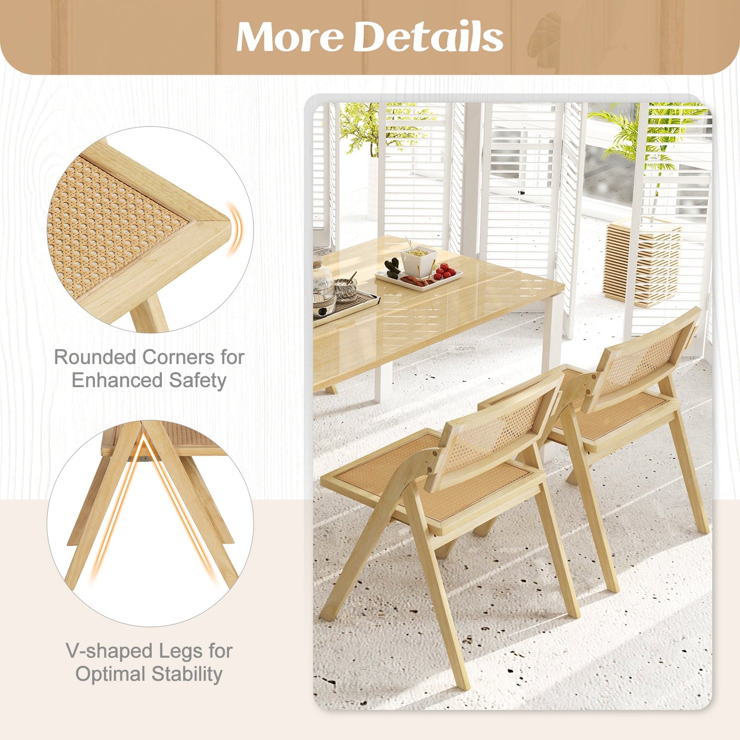Foldable dining chairs set of 2 with woven rattan backrests and natural wood frames on Tampa Home & Garden Store