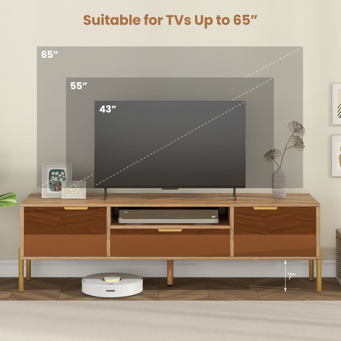 Mueble de TV con espejo para televisores de hasta 65 pulgadas con amplia superficie y 2 armarios de almacenamiento - Natural