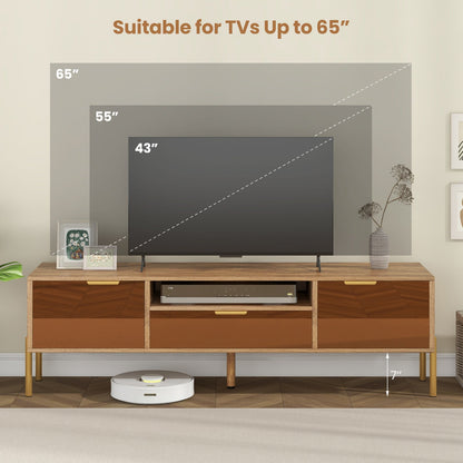 Mueble de TV con espejo para televisores de hasta 65 pulgadas con amplia superficie y 2 armarios de almacenamiento - Natural