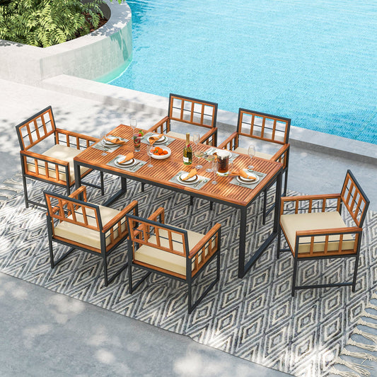 7 Pieces Patio Acacia Wood Dining Set with Soft Cushions and Umbrella Hole-Natural - Tampa Home & Garden Store