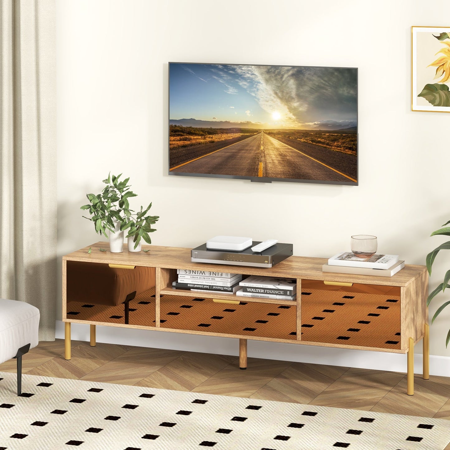 Mueble de TV con espejo para televisores de hasta 65 pulgadas con amplia superficie y 2 armarios de almacenamiento - Natural