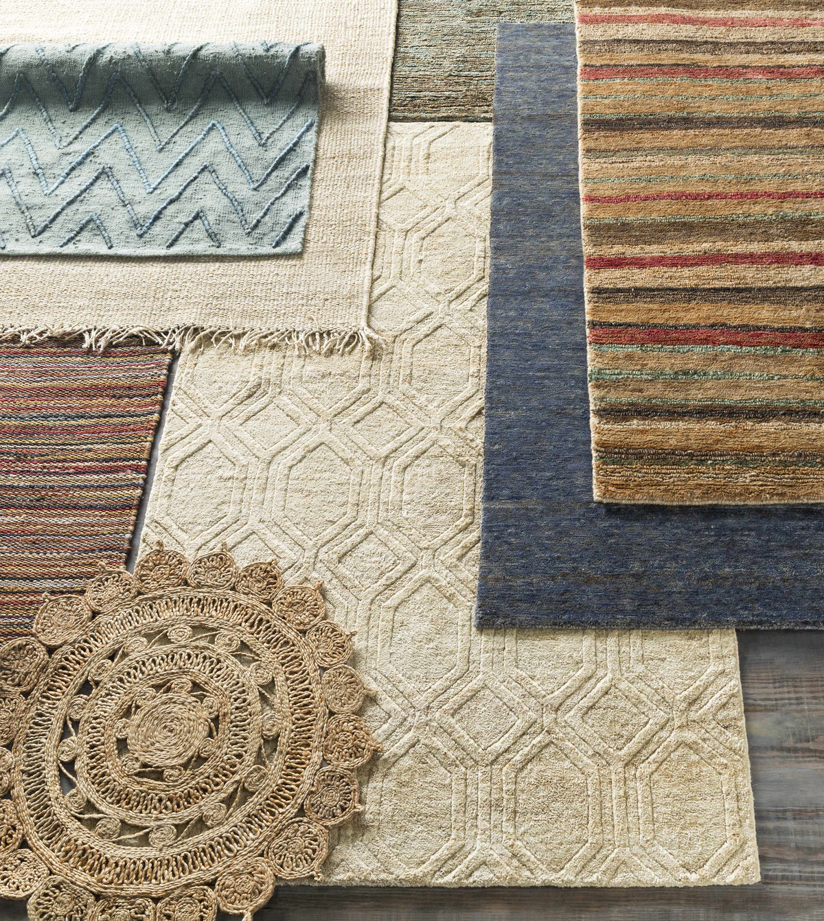 Longville Round Jute Rug by Boutique Rugs, beige chevron texture among assorted rugs on Tampa Home & Garden Store