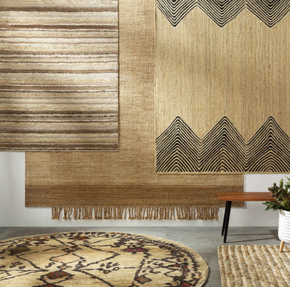 Neeses Premium Jute Rug by Boutique Rugs, natural beige woven with fringe in a rug set on Tampa Home & Garden Store