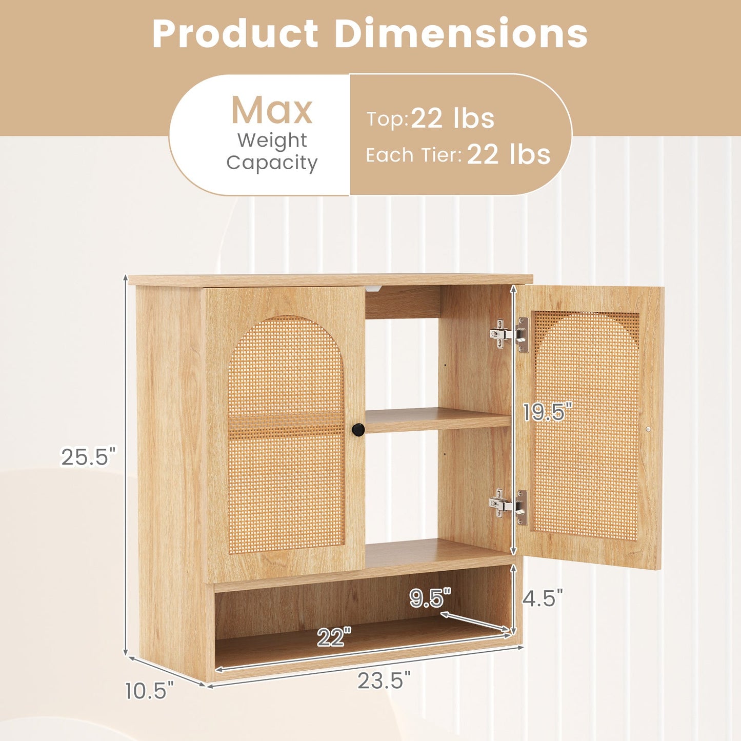 Bathroom Wall Cabinet with PE Rattan Doors and Adjustable Shelves-Natural
