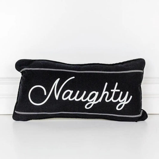 Naughty or Nice throw pillow black Gia Roma Christmas decor with white script on Tampa Home & Garden Store