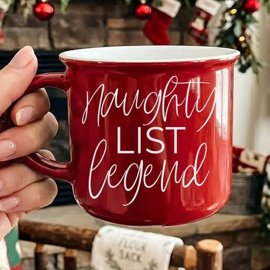 Naughty Legend campfire mug red ceramic by Gia Roma with white interior on Tampa Home & Garden Store
