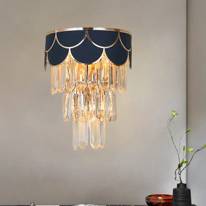 Crystal Modern Wall Sconce by Decorbites with navy scalloped shade, gold trim and crystal prisms on Tampa Home & Garden Store