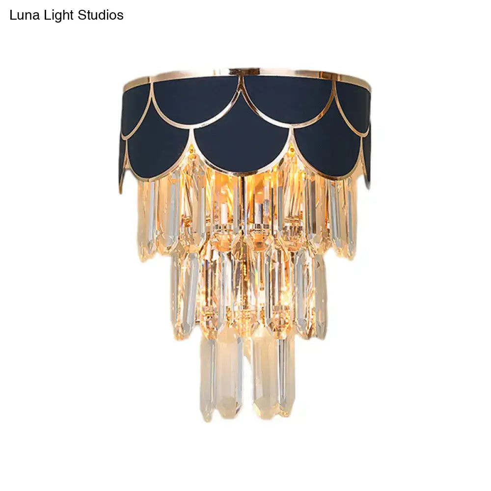 Crystal Modern Wall Sconce black scalloped shade with gold trim and crystal prisms on Tampa Home & Garden Store