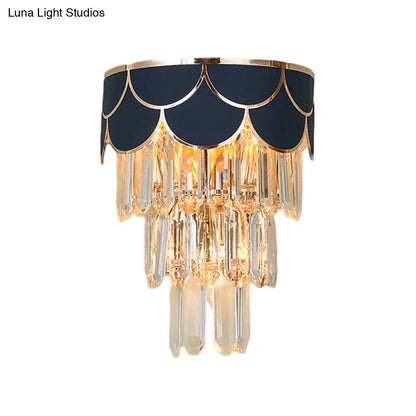 Crystal Modern Wall Sconce black scalloped shade with gold trim and crystal prisms on Tampa Home & Garden Store