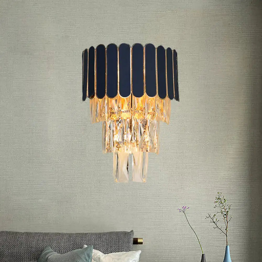 Crystal Modern Wall Sconce by Decorbites; black oval shade with gold trim and crystal prisms on Tampa Home & Garden Store