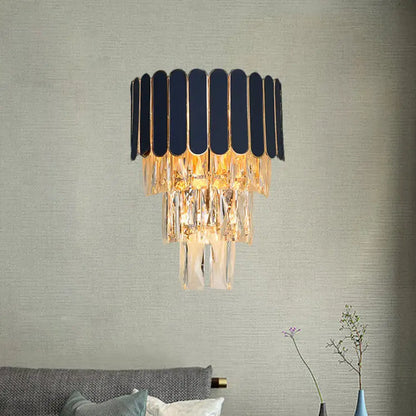 Crystal Modern Wall Sconce by Decorbites; black oval shade with gold trim and crystal prisms on Tampa Home & Garden Store