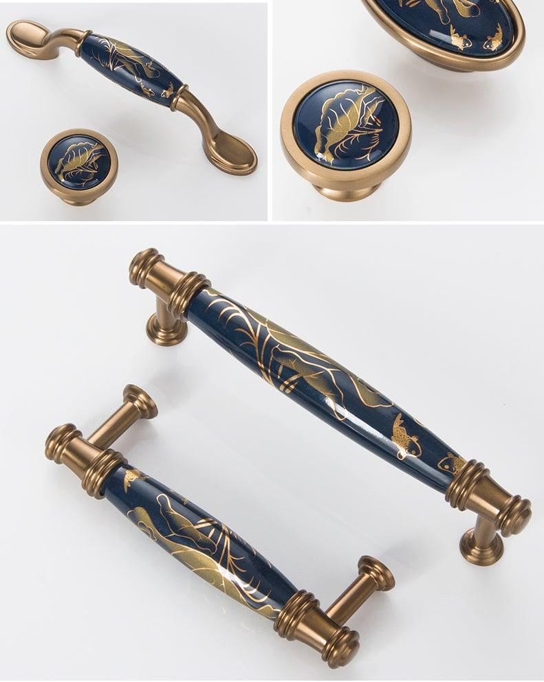 Door handle set Navy blue ceramic with gold floral accents on brass hardware Stevvex on Tampa Home & Garden Store