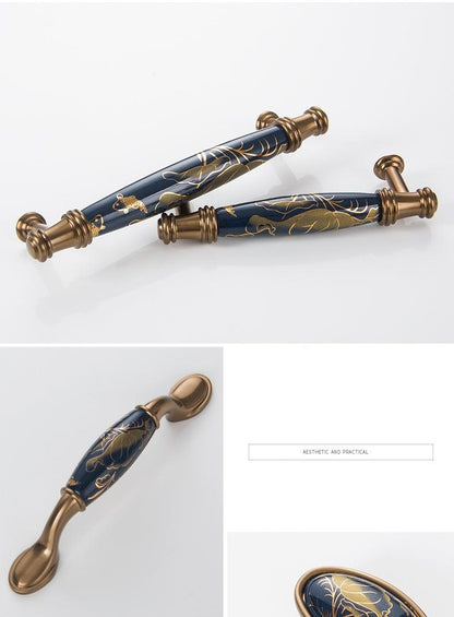 Door lever handles, 2pc Stevvex navy blue ceramic with bronze ends and gold floral motif on Tampa Home & Garden Store