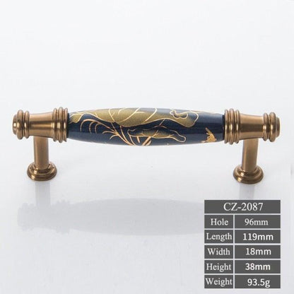 Navy blue ceramic door handle with gold floral pattern and brass mounts by Stevvex on Tampa Home & Garden Store