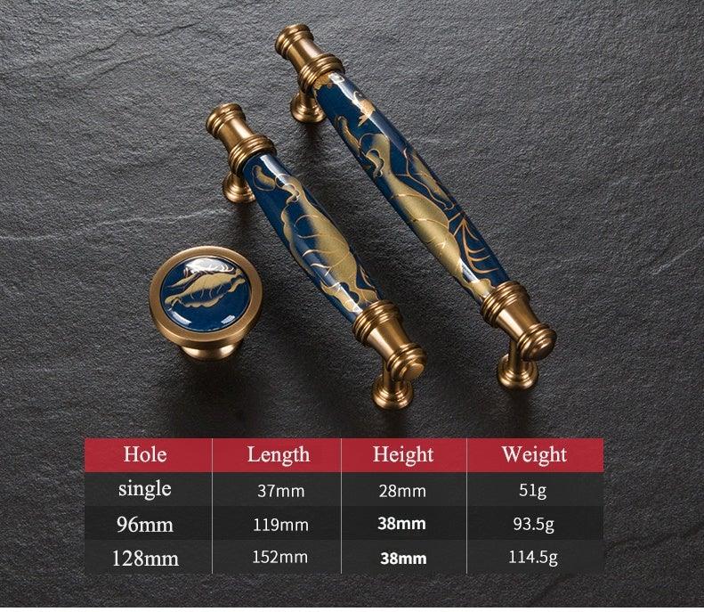 Stevvex navy blue ceramic door handles with brass ends; 2 handles and cap for symmetric doors on Tampa Home & Garden Store