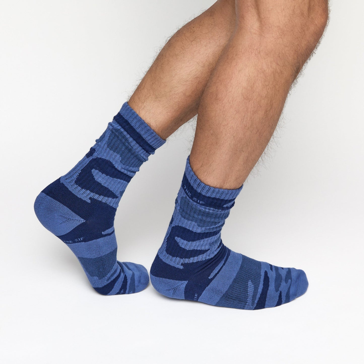 Navy Camo Socks 2-Pack by DeadSoxy, blue camouflage socks worn on legs on Tampa Home & Garden Store