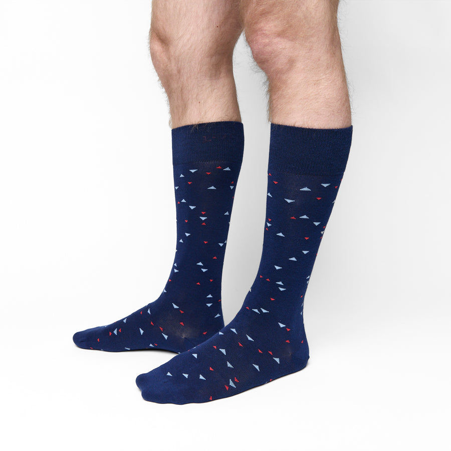 Navy Chicklet Dress Socks by DeadSoxy, navy socks with small light blue and red triangles on Tampa Home & Garden Store