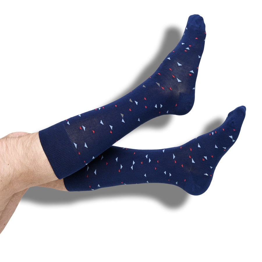 Navy Chicklet Dress Socks by DeadSoxy, team colorways with white and red triangle pattern, pair on Tampa Home & Garden Store