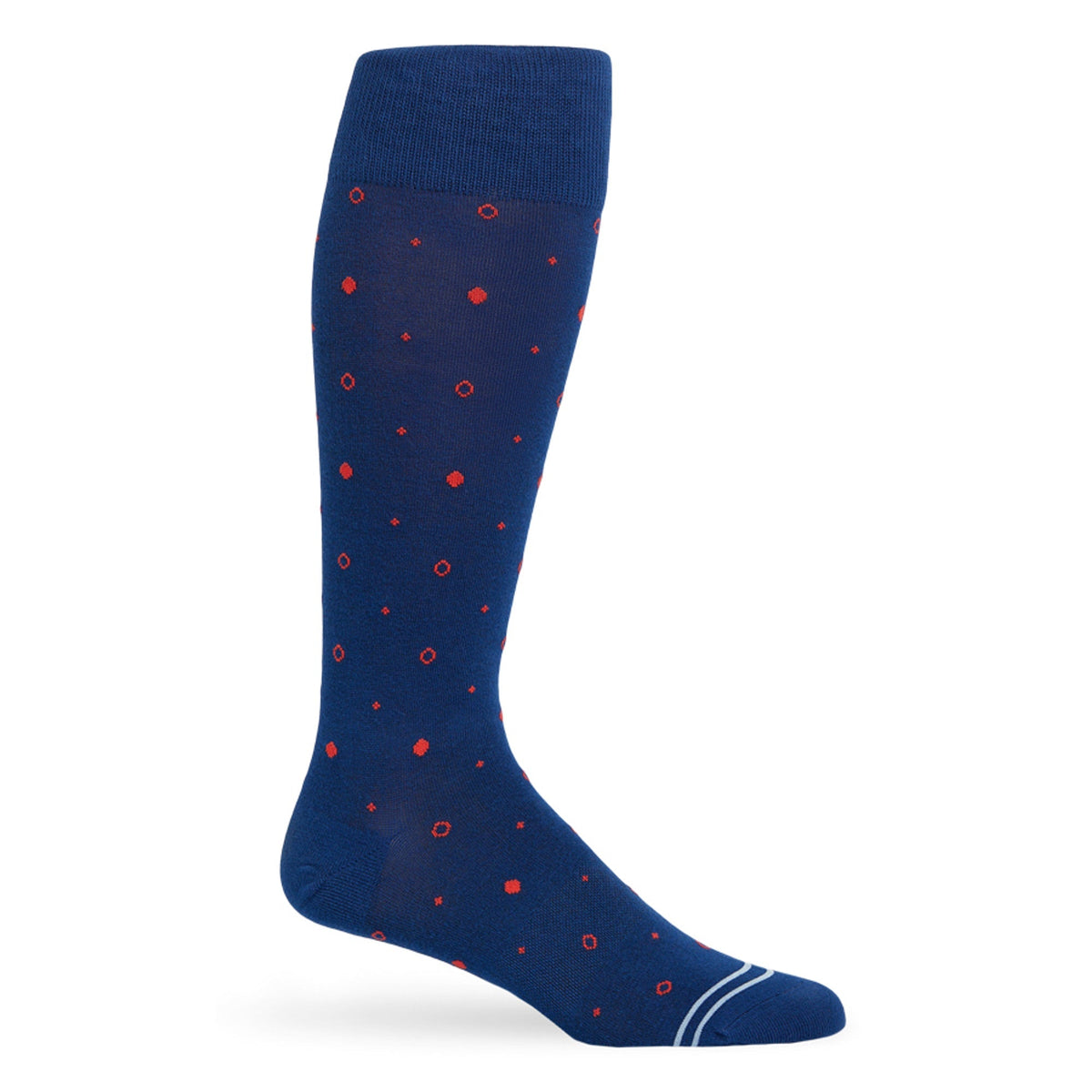 Navy Mixed Dot Dress Socks by DeadSoxy, blue base with red dot pattern, team colorways on Tampa Home & Garden Store