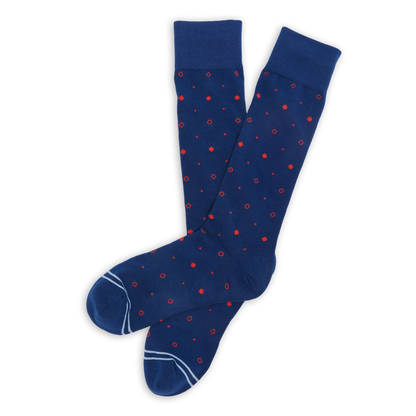 DeadSoxy Navy Mixed Dot Dress Socks, blue with red dot pattern, team colorways on Tampa Home & Garden Store