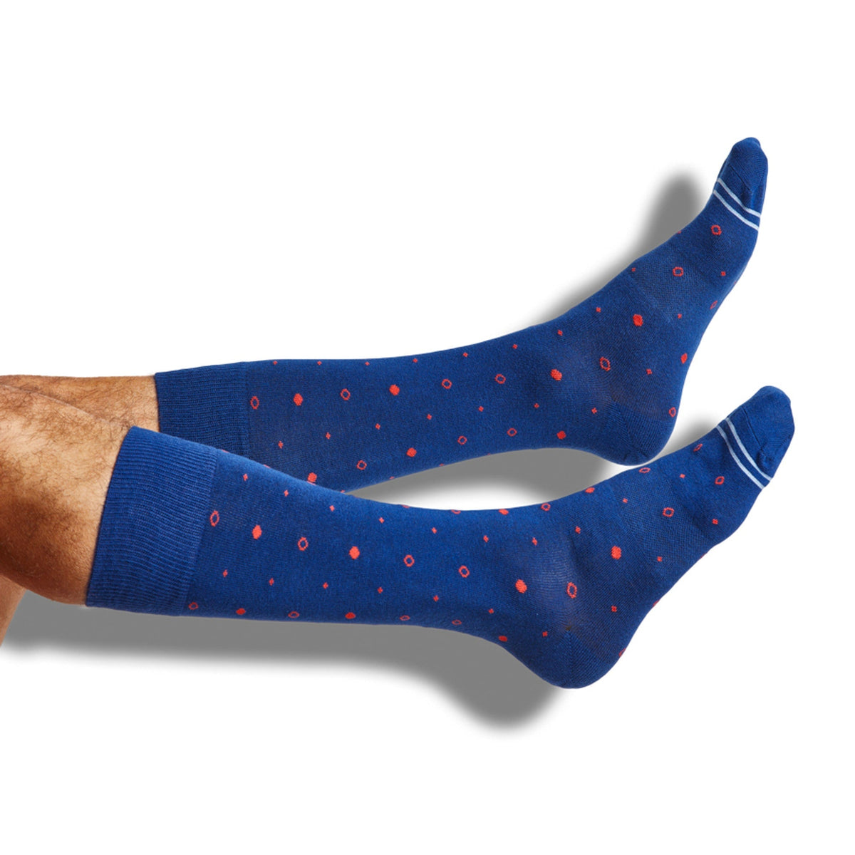 DeadSoxy Navy Mixed Dot Dress Socks, blue socks with red dots and white cuff stripes on Tampa Home & Garden Store