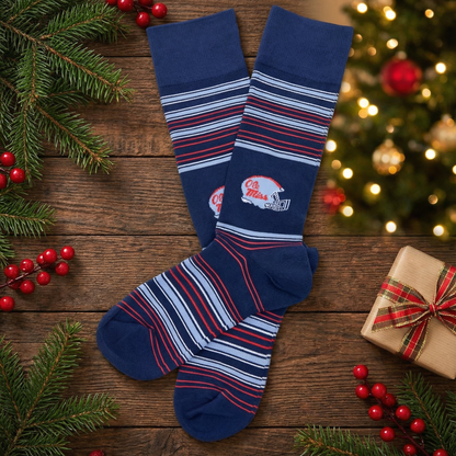 Navy Ole Miss helmet dress socks by DeadSoxy, college socks with blue and red stripes pair on Tampa Home & Garden Store