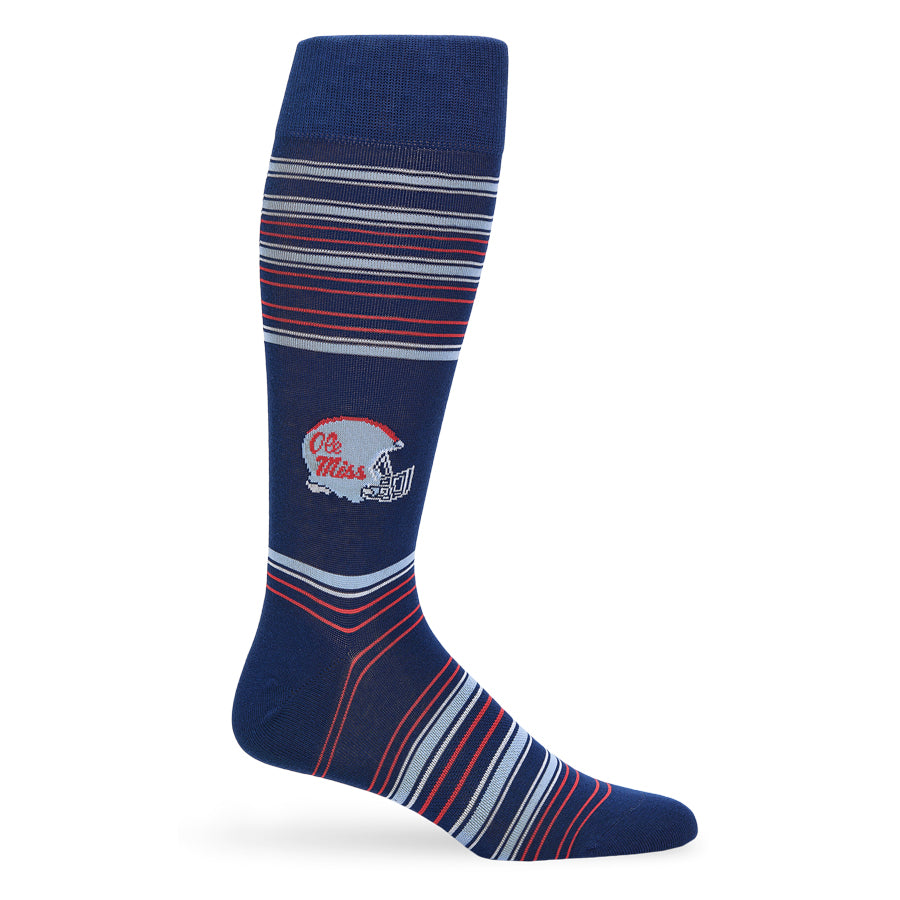 Navy Ole Miss helmet dress sock by DeadSoxy, college sock with Ole Miss and navy stripes on Tampa Home & Garden Store